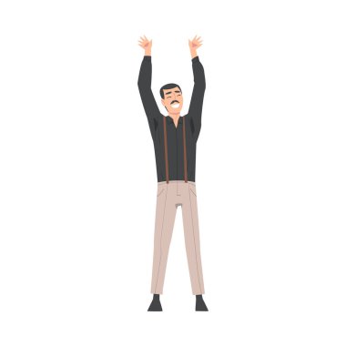 Young Moustached Man Standing with Raising Hands Celebrating Success Vector Illustration clipart