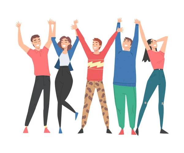 Group of People Characters Standing Together with Raising Hands Vector Illustration — Stock Vector