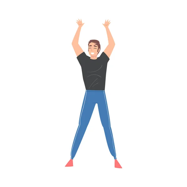 Νεαρός που στέκεται με τα χέρια ψηλά γιορτάζοντας την επιτυχία διανυσματική εικονογράφηση — Διανυσματικό Αρχείο