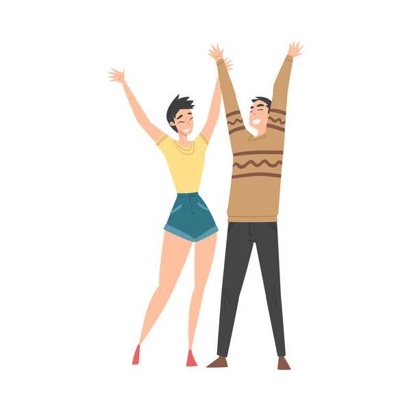 Nadšený muž a žena stojící se zvednutýma rukama slaví úspěch vektorové ilustrace — Stockový vektor