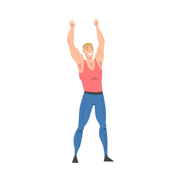 Athletic Muscular Man in Sportswear Berdiri bersama Raising Hands Vector Illustration - Stok Vektor