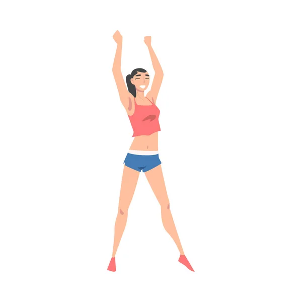 (Inggris) Athletic Slim Woman in Sportswear Standing with Raising Hands Vector Illustration - Stok Vektor