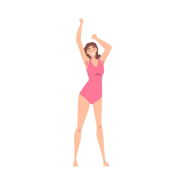 (Inggris) Athletic Slim Woman in Sportswear Standing with Raising Hands Vector Illustration - Stok Vektor