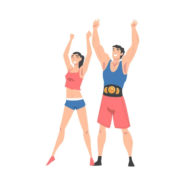 Athletic Muscular Man and Slim Woman in Sportswear Stand with Raising Hands Vector Illustration (dalam bahasa Inggris) - Stok Vektor