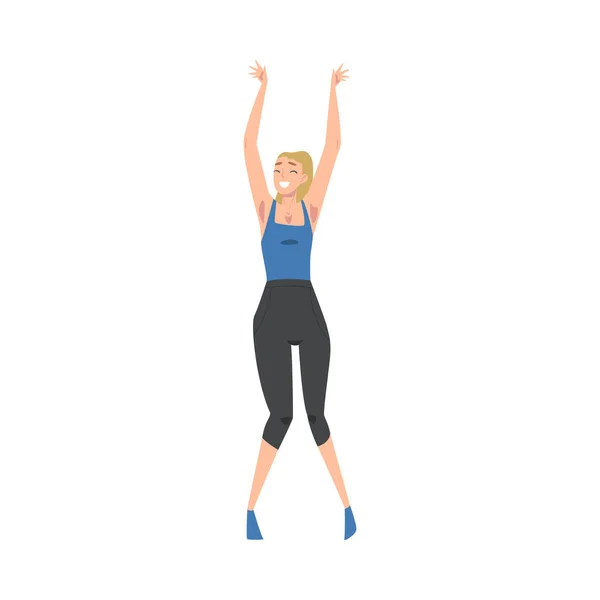 (Inggris) Athletic Slim Woman in Sportswear Standing with Raising Hands Vector Illustration - Stok Vektor