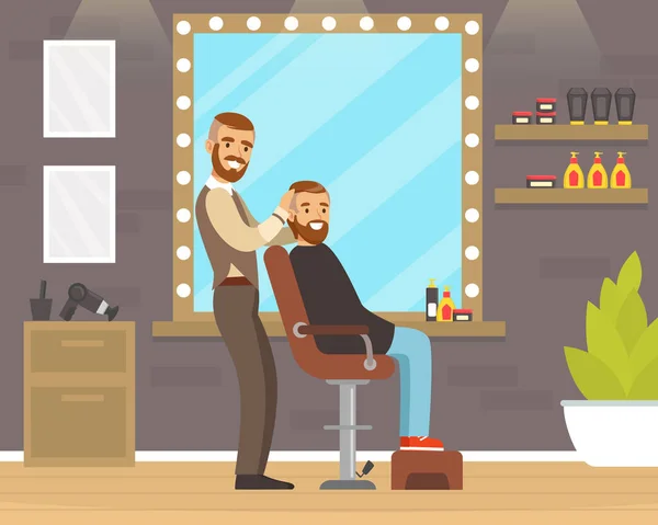 Man Barber Cutting and Doing Hair Vector Illustration — Stock Vector