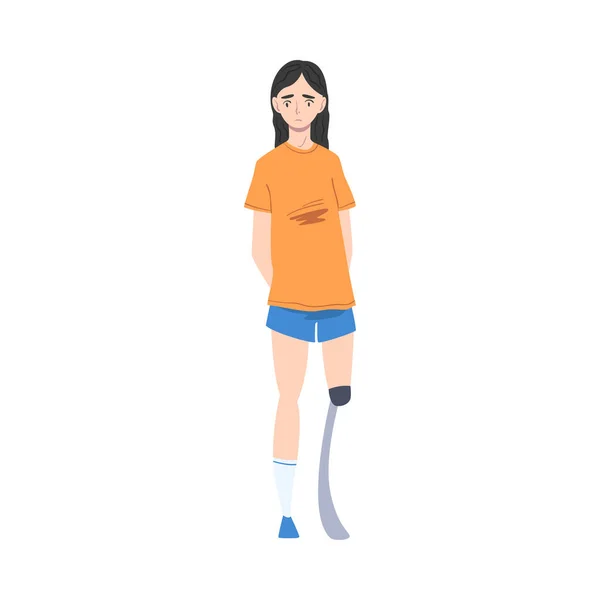 Mujer joven discapacitada con prótesis en la pierna Sentirse triste Vector Ilustración — Vector de stock