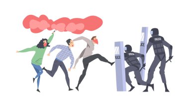 Sis Bombalı Genç Adam ve Kadın İsyancılar Silahlı Polis Memurları Vektör İllüzyonu ile Kavga Ediyor