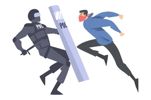 Молодой человек-бунтарь с закрытым лицом сражается с вооруженным полицейским, защищающимся с помощью векторной иллюстрации щитов — стоковый вектор