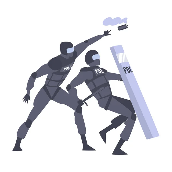 Upploppspolis i uniform med sköld och batong kasta rök granat vektor Illustration — Stock vektor