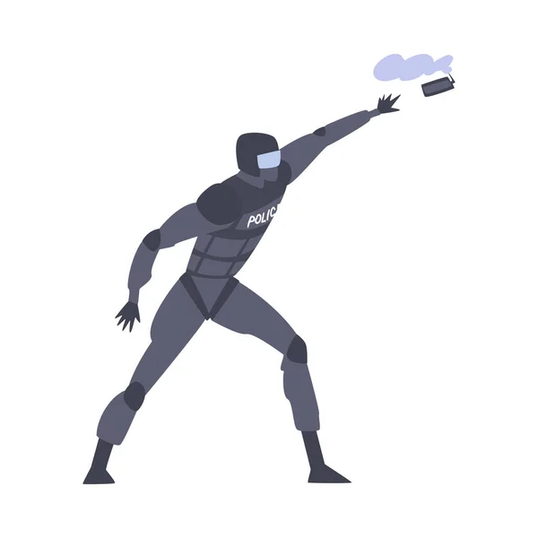 Riot Police Officer in Uniform Throwing Smoke Grenade in Protester Vector Illustration — Stock Vector