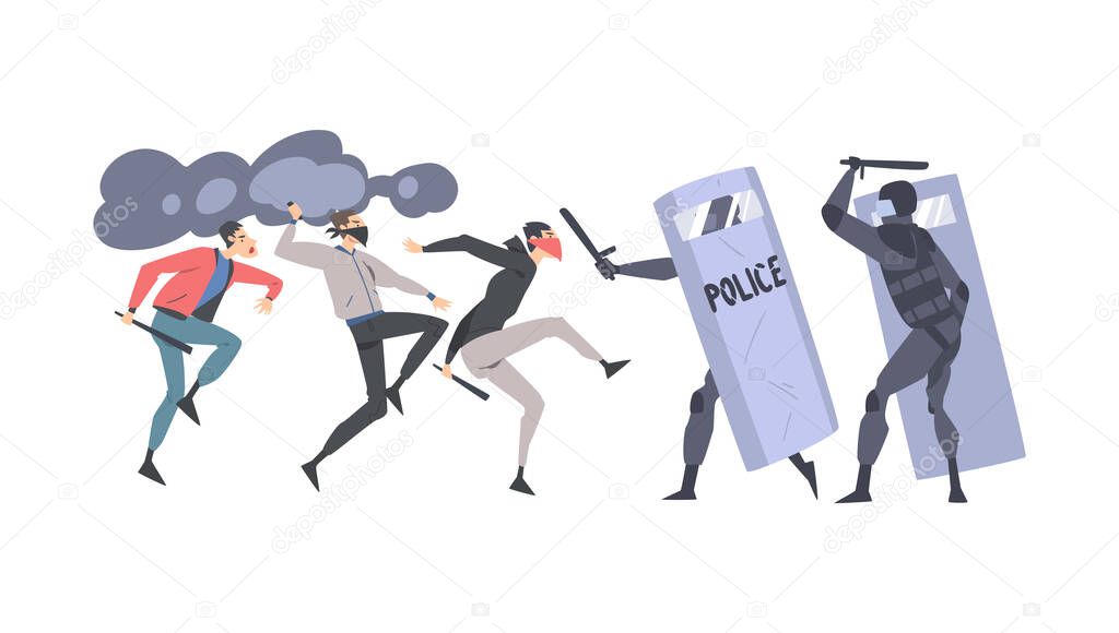 Young Man Rioters with Smoke Grenade Fighting with Armed Police Officers Vector Illustration