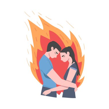 Aşk Ateşi, Yanan Romantik Çift Karikatür Tarzı Vektör İllüstrasyonu
