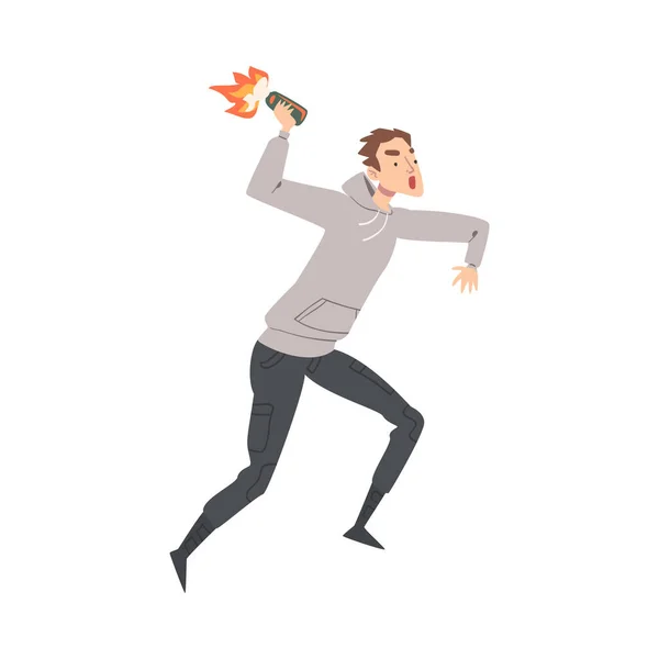 Personagem Masculino com Cocktail Molotov Ataque e Luta na Rua Riot Vector Ilustração —  Vetores de Stock