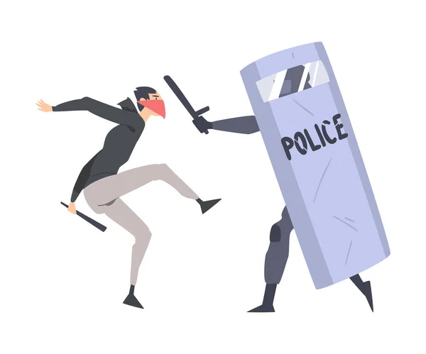 Young Man Rioter with Covered Face Fighting with Armed Policeman Defending with Shield Vector Illustration — Stock Vector