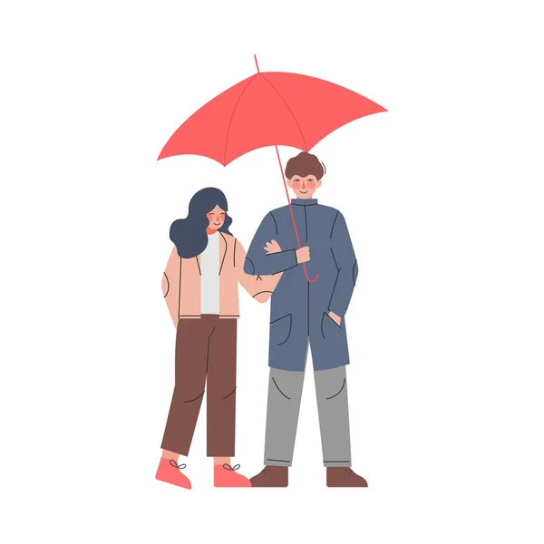 Şemsiyeli Genç Erkek ve Kadın Çift Yağmurlu Gün Resimlerinde Keyifli Yürüyüş — Stok Vektör