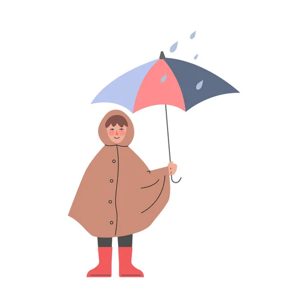 Niño pequeño en botas de goma y impermeable de pie bajo paraguas Vector Ilustración — Archivo Imágenes Vectoriales