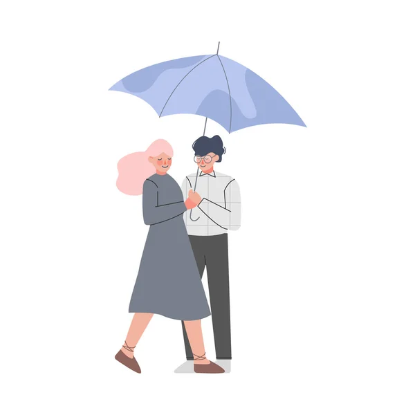 Jeune couple masculin et féminin avec parapluie jouissant d'une promenade sous la pluie Illustration vectorielle — Image vectorielle