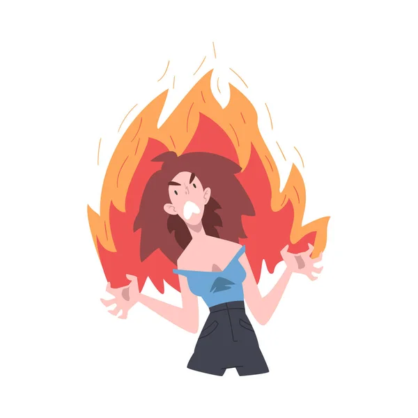 Furious Girl in Flame, Burning Fury, Rage, Stress, Burnout, Emotional Problems Cartoon Style Vector Illustration — Stock Vector