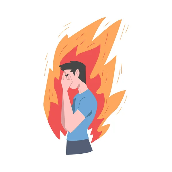 Gestresste jongeman in vlam, stress, burn-out, emotionele problemen Concept Cartoon Style Vector Illustratie — Stockvector