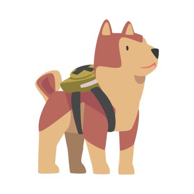 Sırt çantalı Sevimli Köpek, Komik Hayvan Karakteri Maskeli Şölen, Karnaval, Parti, Bayram Kutlaması Çizgi Film Stili Vektör İllüstrasyonu