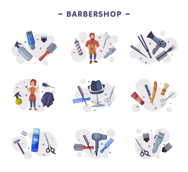 Barbershop Set, Professional Hairdresser with Professional Tools, Hairdressing Salon, Hair Studio Service Design Elements Vector Illustration — Stock Vector