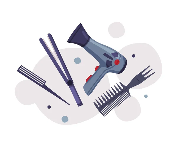 Friseur-Werkzeug-Set, Friseurbedarf für Styling Professioneller Haarschnitt, Haartrockner, Kamm, Lockenstab Cartoon Vector Illustration — Stockvektor