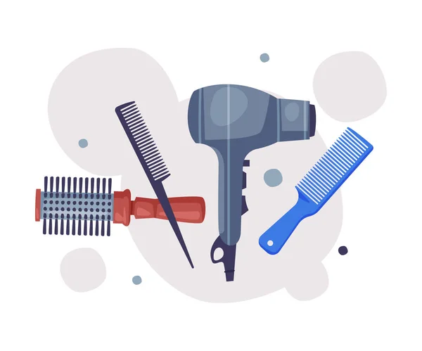 Conjunto de ferramentas de cabeleireiro, Suprimentos de barbeiro para styling corte de cabelo profissional, Secador de cabelo, pente, escova de cabelo Cartoon Vector Ilustração — Vetor de Stock