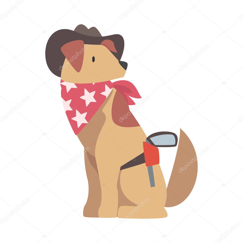 Cute Dog in Cowboy Costume, Funny Pet Animal Character Dressed in Costume for Masquerade, Carnival, Party, Holiday Celebration Cartoon Style Vector Illustration