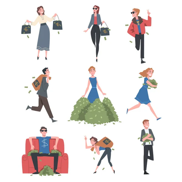 Rich Business People Set, Rijke Persoon, Miljonair Karakters, Financieel Succes, Winst, Inkomen Concept Cartoon Style Vector Illustratie — Stockvector