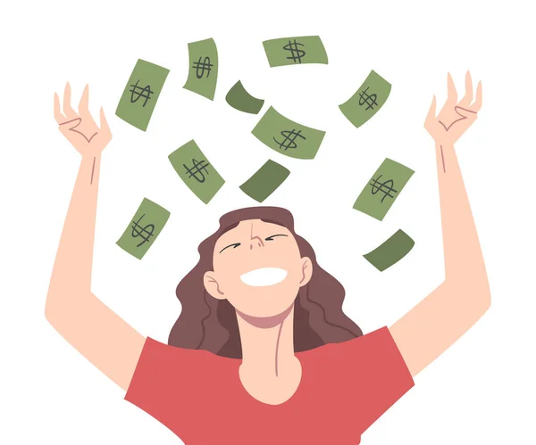 Gelukkig jong vrouw gooien haar geld in de lucht, geld regen, financieel succes, winst, inkomen concept cartoon stijl vector illustratie — Stockvector