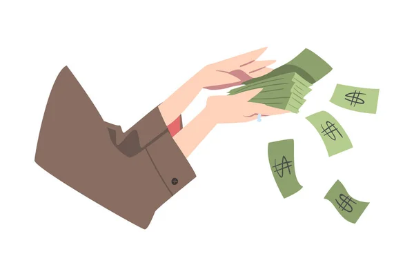 Vrouwelijke handen tellen cash geld, financieel succes, winst, Inkomen Concept Cartoon Style Vector Illustratie — Stockvector