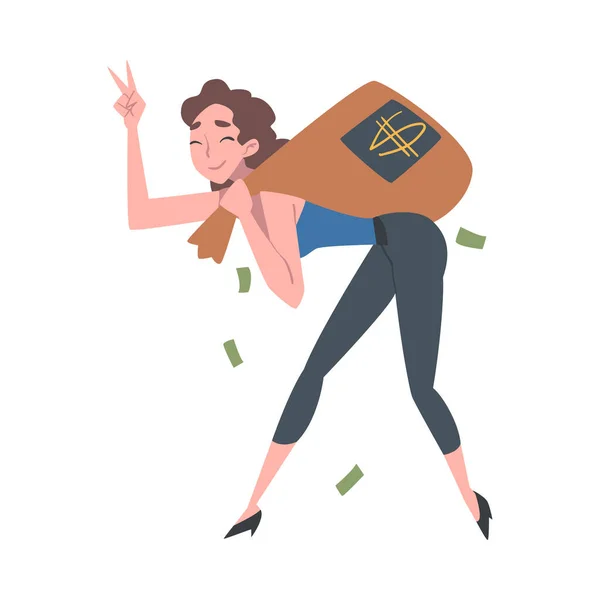 Succesvol Rich Girl Running Carrying Bag vol geld, rijke persoon, miljonair karakter, financieel succes, winst, Inkomensconcept Cartoon Style Vector Illustratie — Stockvector