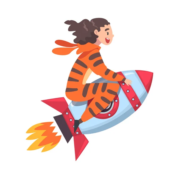 Ragazza carina in costume da tigre che vola sul razzo spaziale, successi di successo del bambino stile cartone animato illustrazione vettoriale — Vettoriale Stock