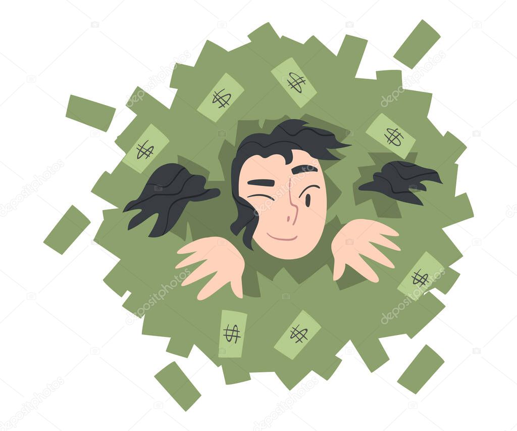 Rich Businesswoman Drowning in her Money, Wealthy Person, Millionaire Character, Financial Success, Profit, Income Concept Cartoon Style Vector Illustration