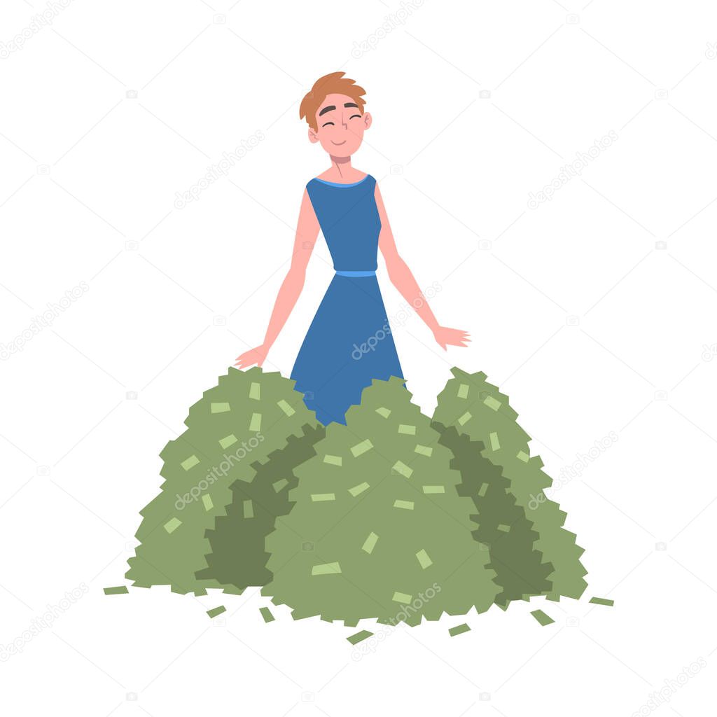Rich Businesswoman with Piles of Money, Wealthy Person, Millionaire Character, Financial Success, Profit, Income Concept Cartoon Style Vector Illustration