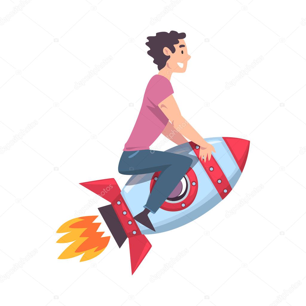 Teenage Boy Flying on Space Rocket, Leadership, Achievement, Competition, Success Concept Cartoon Style Vector Illustration