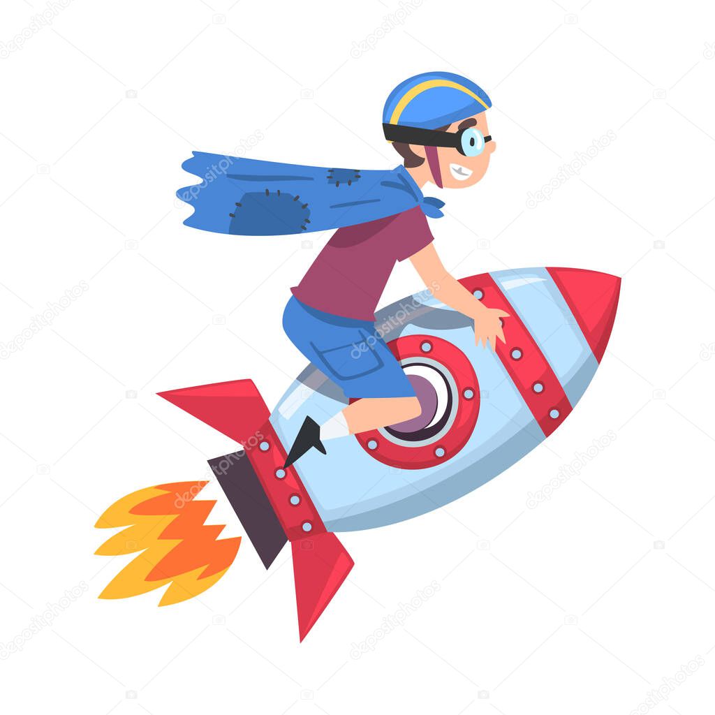 Cute Boy in Safety Helmet nad Cape Flying on Space Rocket, Successful Achievements of Child Cartoon Style Vector Illustration