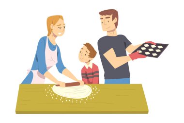 Mutfakta Mutlu Aile Pişirme Kurabiyeleri, Aileler Oğullarıyla ve Birlikte Yemek Yaparken Çizgi Film Stili Resimleri