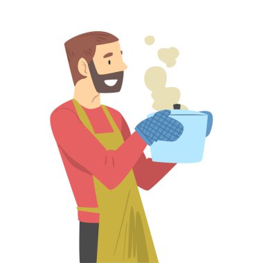 Önlüklü Genç Adam Mutfakta Yemek Pişiriyor, Guy Sıcak Tencere Çizgi Film Stili Vektör Çizimi