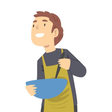 Mutfakta Önlüklü Çocuk, Bowl 'da Genç Karıştırma Mangırı Çizgi Film Stili Çizim Çizimi