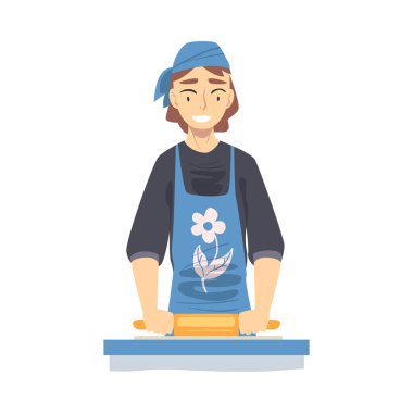 Mutfakta Önlüklü Kadın Yemek Pişiriyor Pin Çizgi Film Tarzı Çizim Çizimi Çizimi Çizimleriyle Hamuru Yapan Kişi