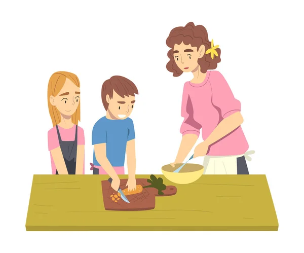 Happy Family Cooking in the Kitchen, Η μαμά περνάει χρόνο με τα παιδιά της και το μαγείρεμα μαζί — Διανυσματικό Αρχείο