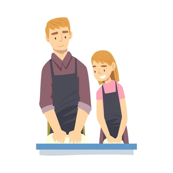 Papá y su hija amasando masa en la cocina, los padres pasan tiempo con su hijo y cocinan juntos Ilustración vectorial de estilo de dibujos animados — Archivo Imágenes Vectoriales