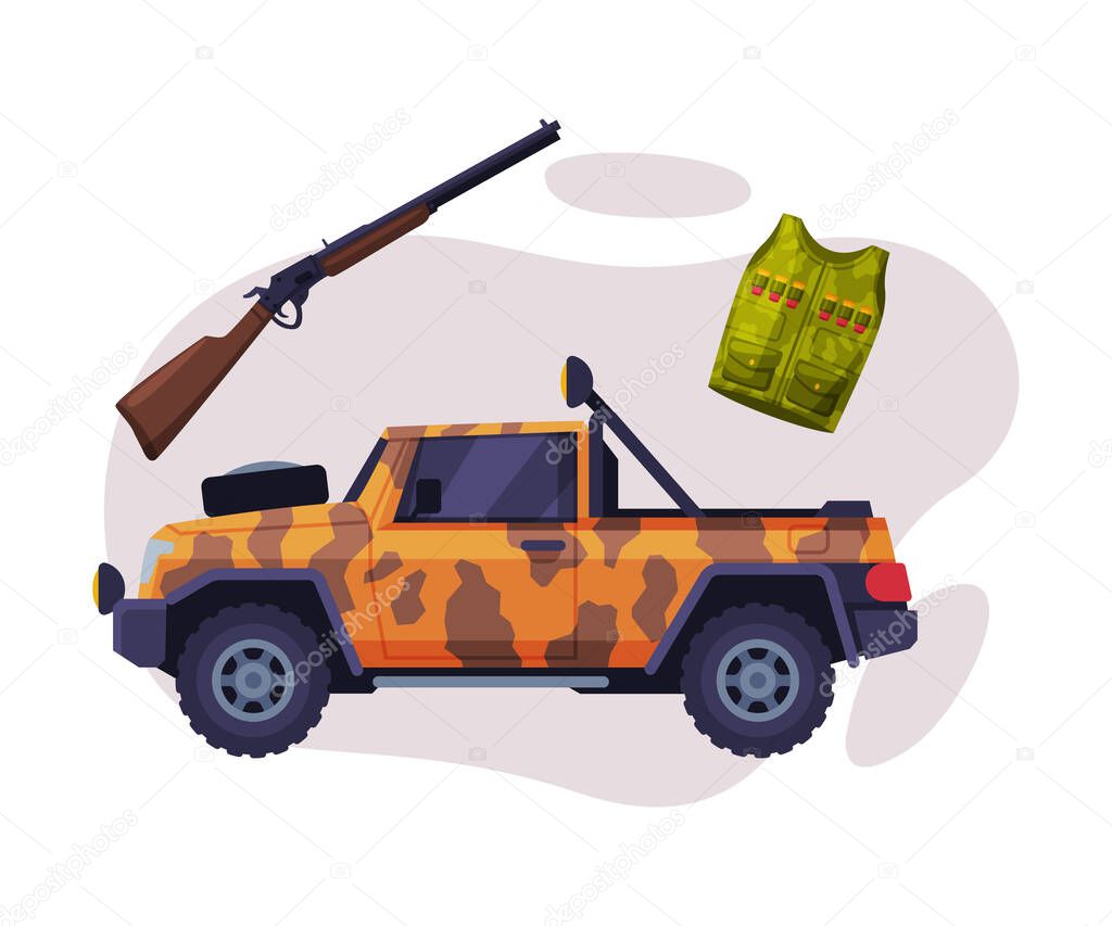 Hunting Objects Set, Hunter Jeep Car, Shotgun, Hunter Vest Flat Vector Illustration