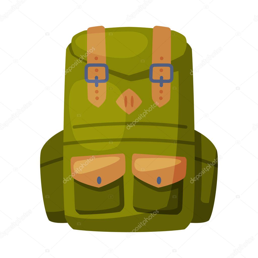 Green Backpack, Front View of Camping Knapsack Flat Vector Illustration on White Background