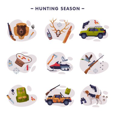 Av Sezonu, Avcı Öznitelikleri, Takımlar ve Eşyalar Düz Vektör İllüstrasyonu