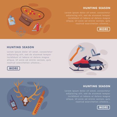Av Sezonu İniş Sayfa Şablonları, Avcı Öznitelikleri, Tackles ve Ekipman Sitesi Düz Vektör Resimleri