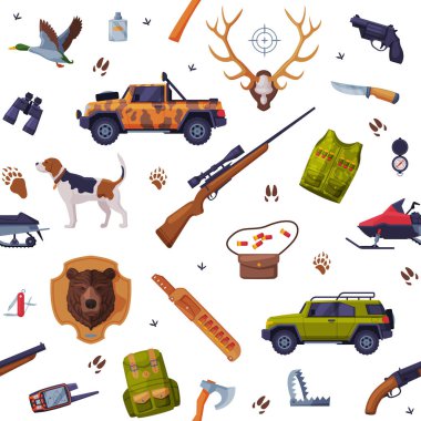 Avcı Öznitelikleri Kusursuz Şablon, Av Sezonu Aletleri, Tekstil, Duvar Kağıdı, Ambalaj Kağıdı, Arkaplan Tasarımı Düz Vektör Çizimi