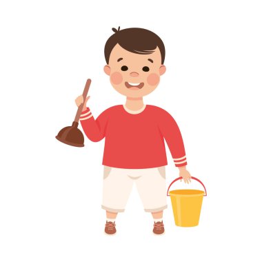 Şirin Çocuk Pompa ve Kovayla Ayakta Duruyor, Çocuk Ailesine Ev Çalışmalarında Yardım Ediyor, Ya da Çizgi Film Biçimi Resimleri Yapıyor